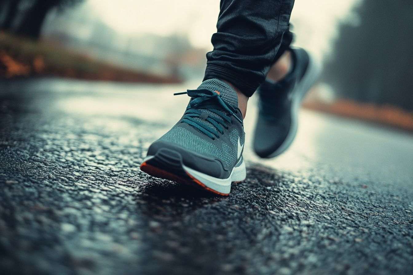 Capture dynamique de baskets sur le trottoir avec un flou cinétique marquant leur rapidité.