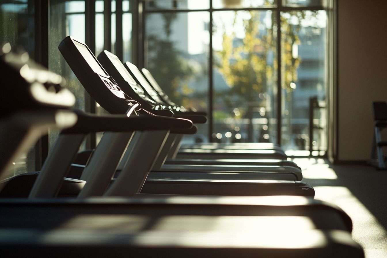 Un tapis de course entouré d'équipements de fitness, créant un espace d'entraînement accueillant et baigné de lumière naturelle.