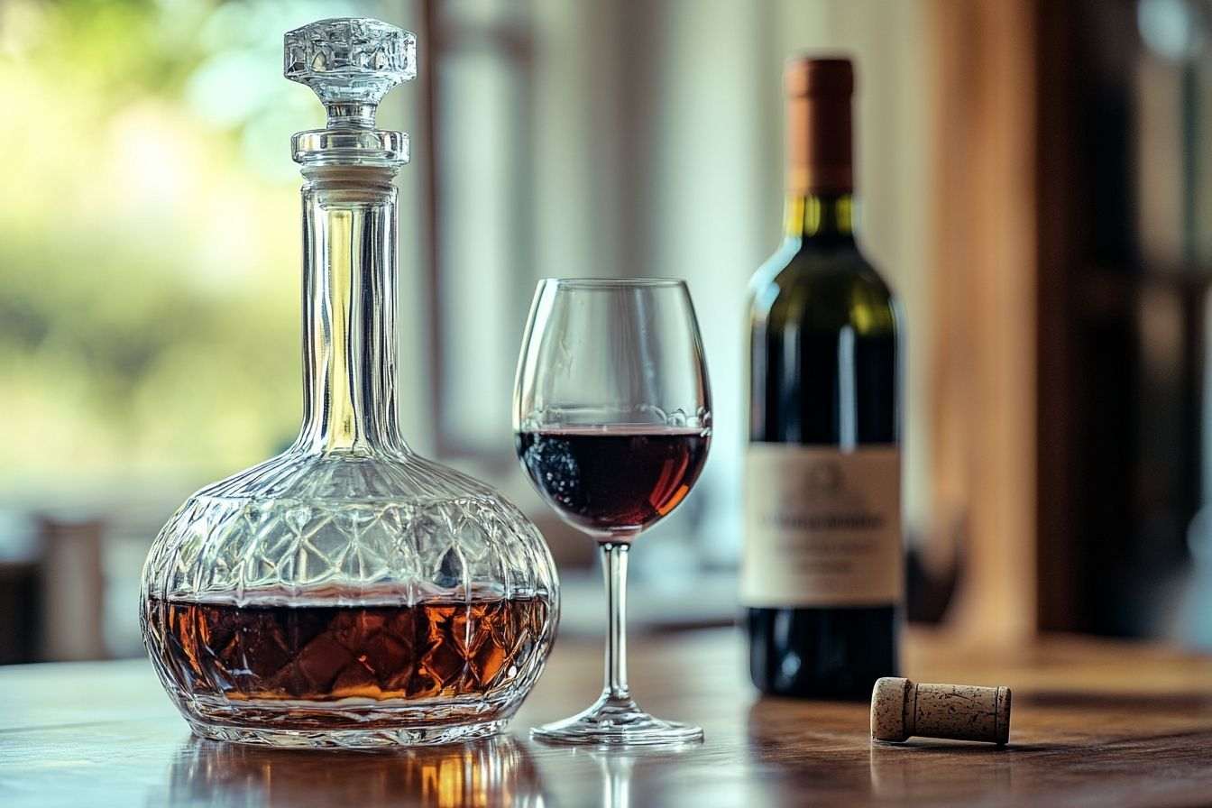Arrangement artistique de la carafe en verre avec son bouchon à côté d une bouteille de vin fin