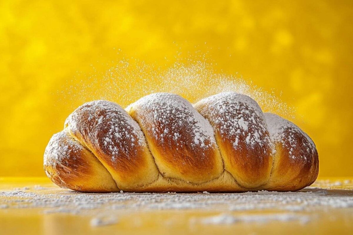 Brioche tressée magnifiquement, légèrement saupoudrée de sucre en poudre