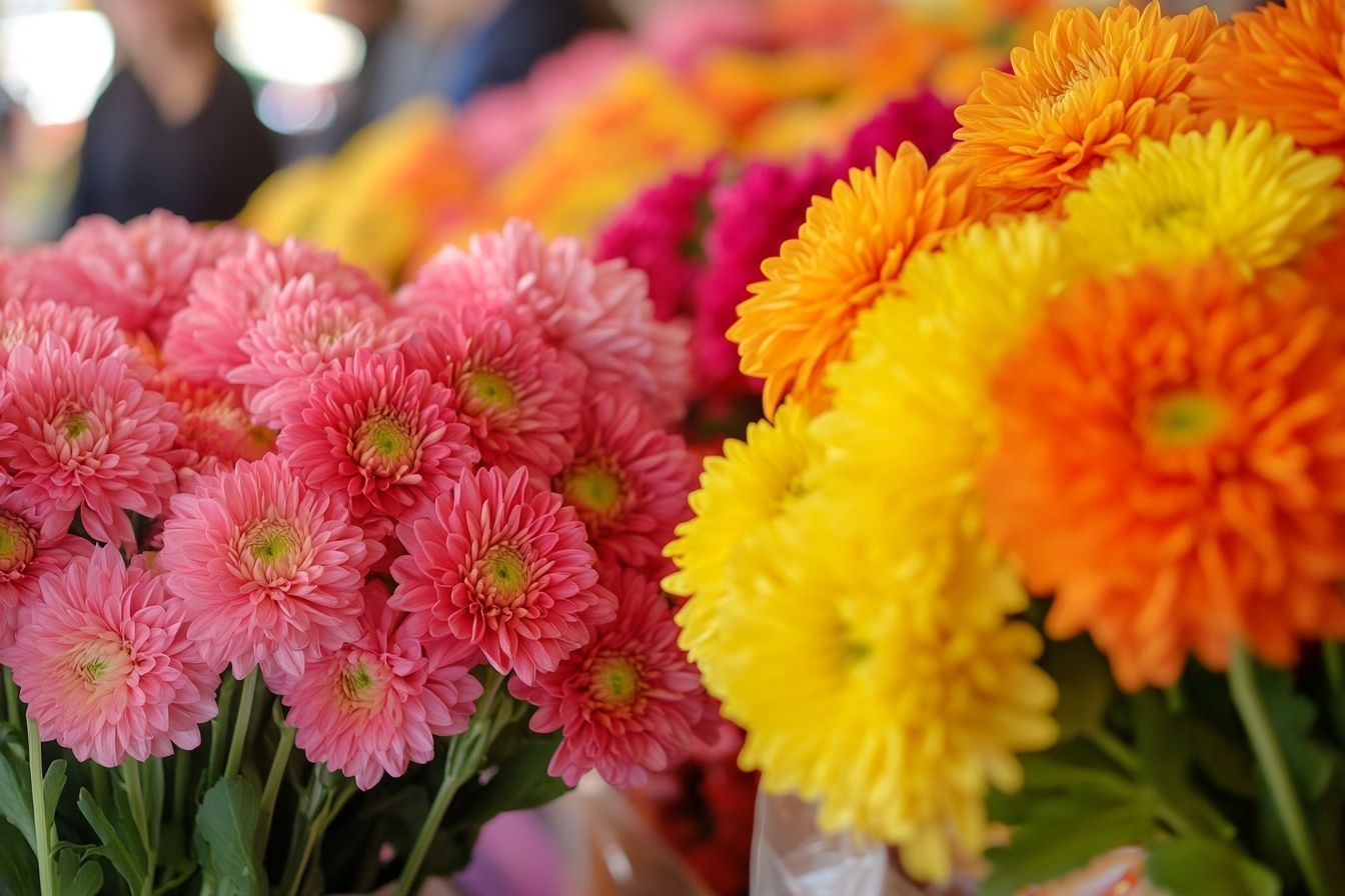 Chrysanthèmes colorés au marché local