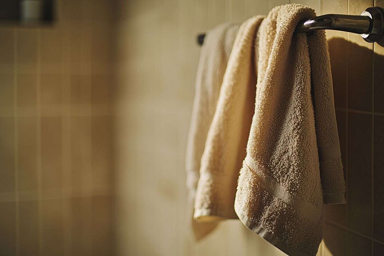 Closeup d une serviette humide suspendue dans une salle de bain sereine