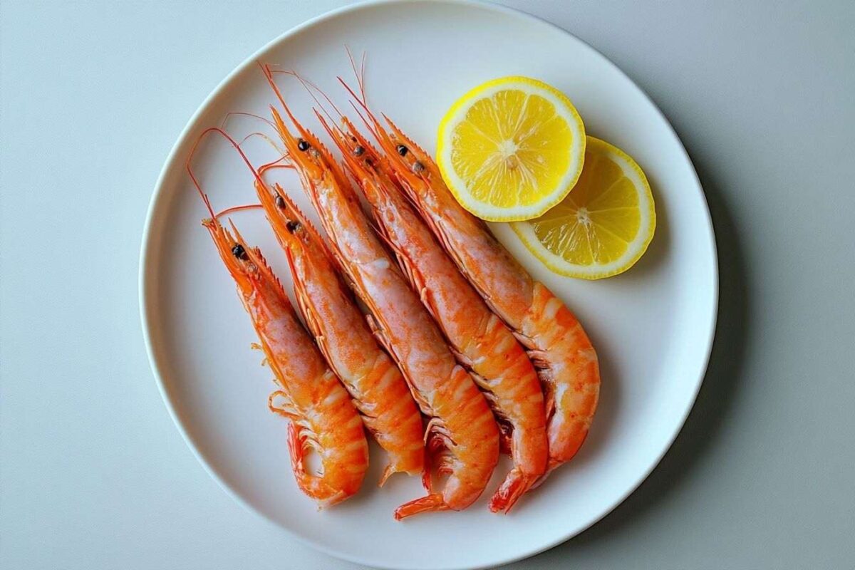 Crevettes roses sur assiette blanche