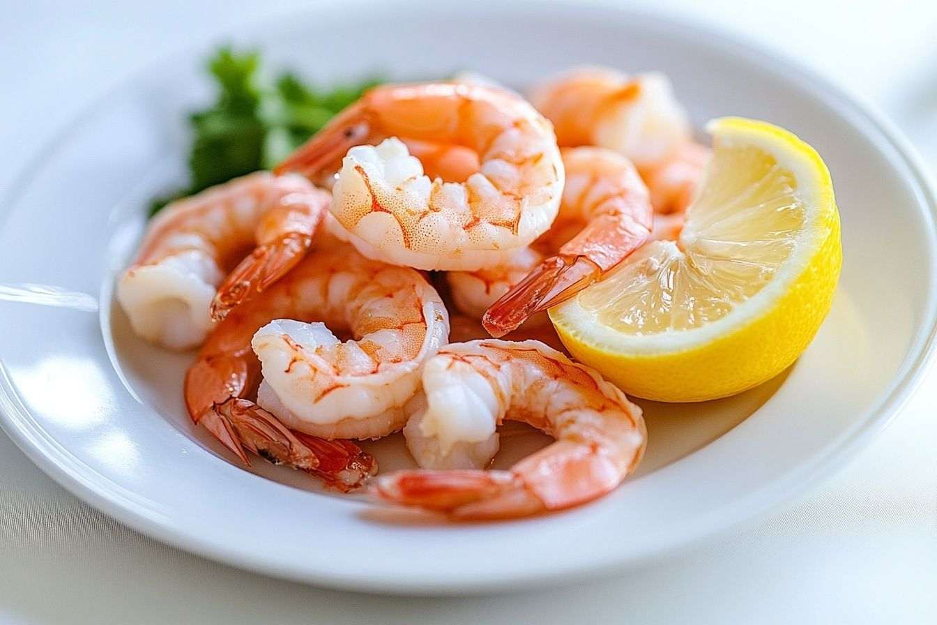Crevettes roses sur assiette blanche