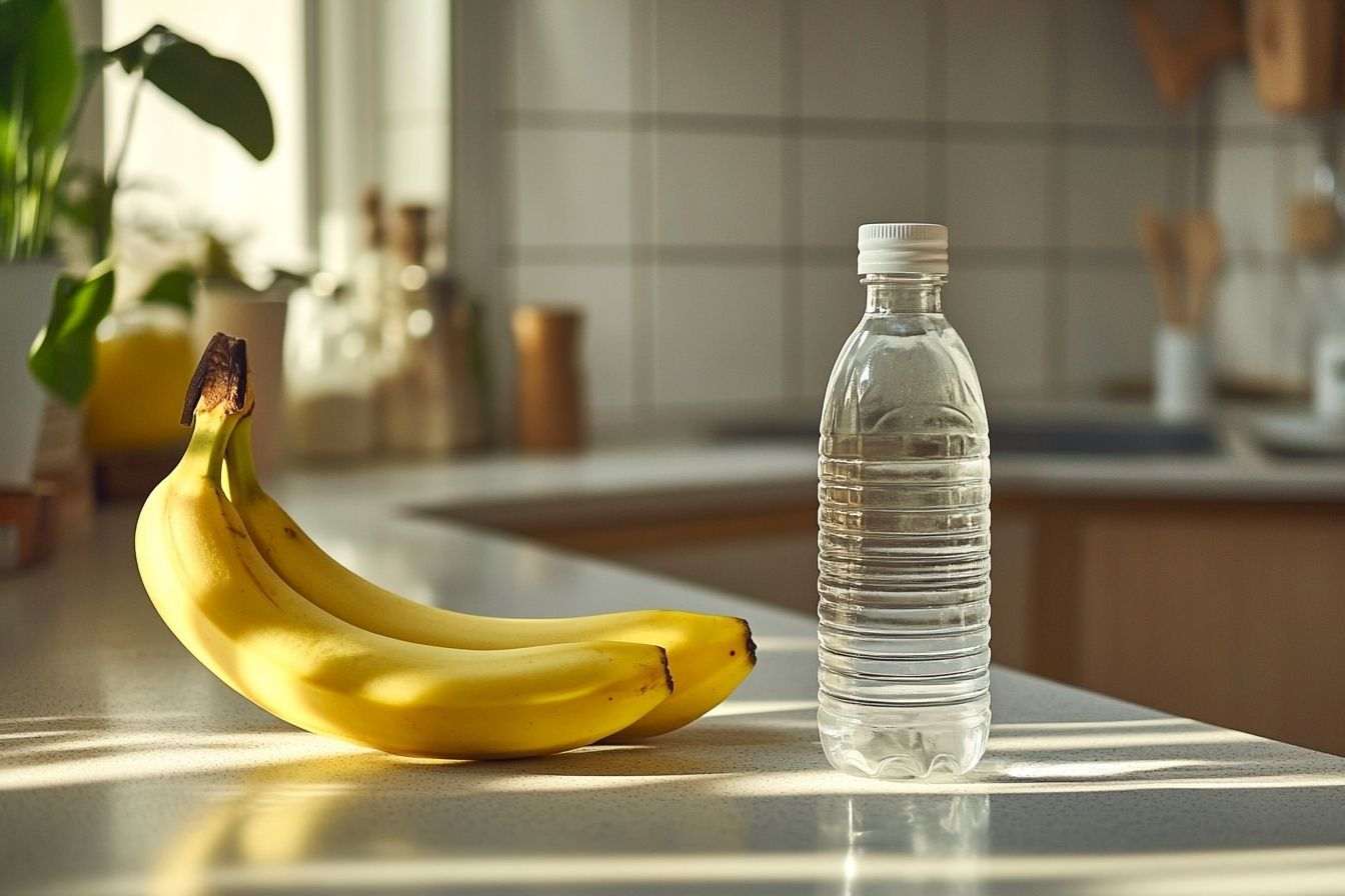 Élégante disposition de vinaigre blanc avec banane en cuisine minimaliste