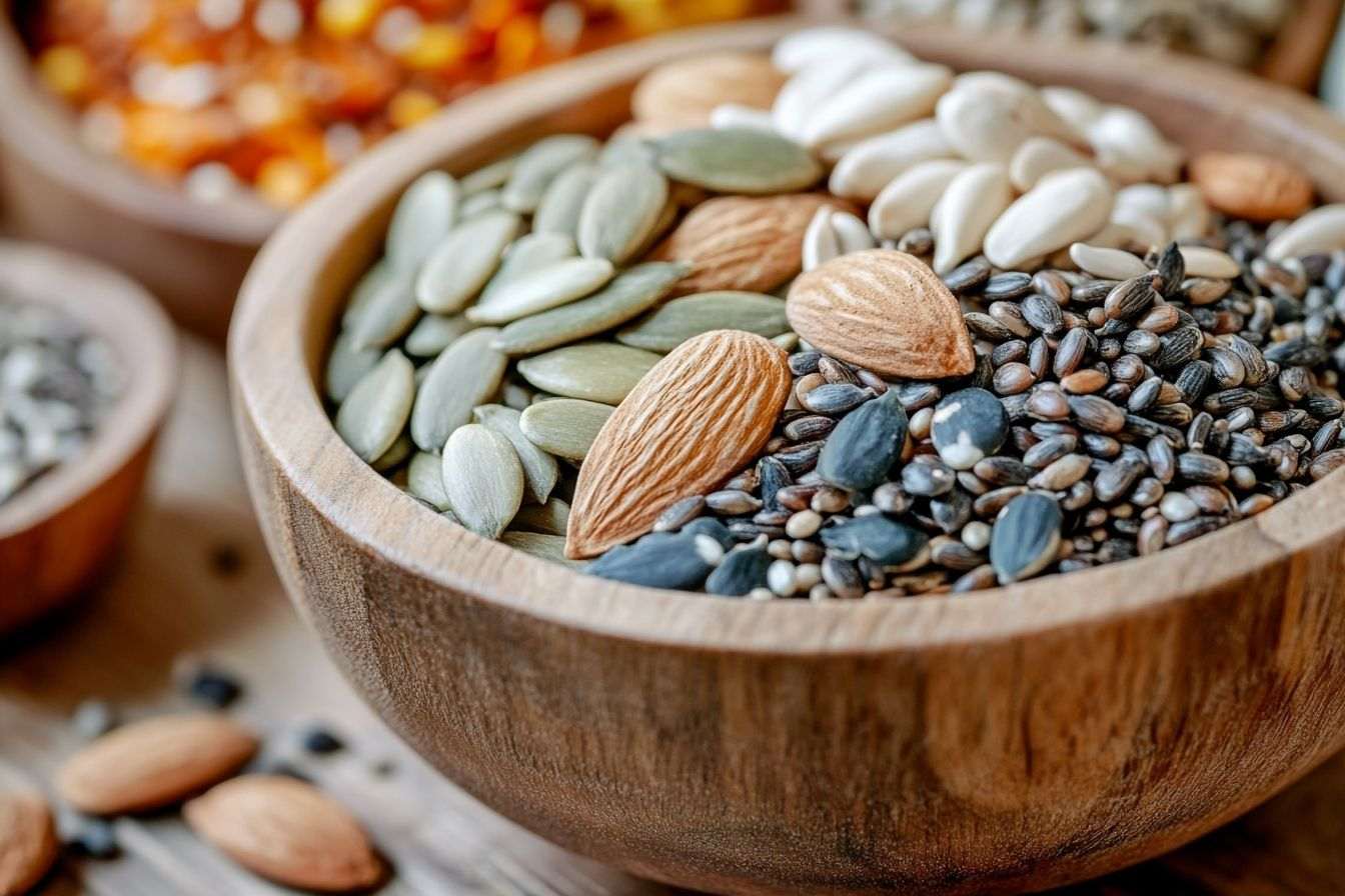 Gros plan de bol en bois rempli de graines