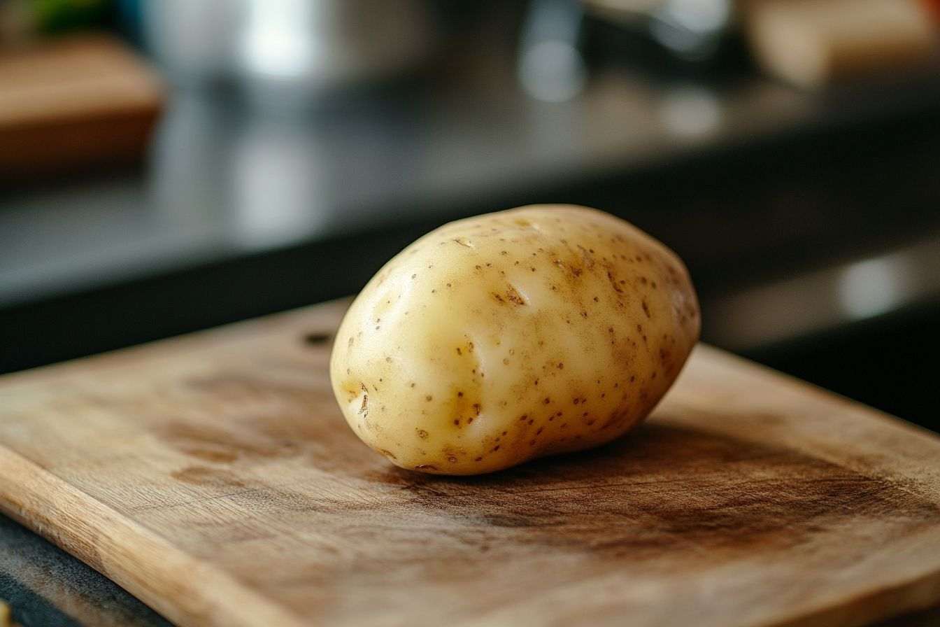 Gros plan d une pomme de terre sur une planche à découper en bois