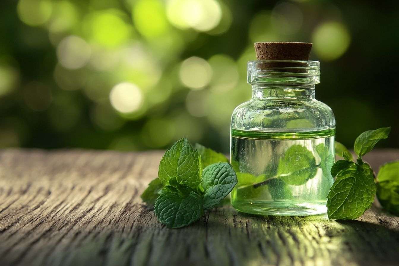 Gros plan sur une bouteille en verre remplie d huile de menthe poivrée verte vibrante