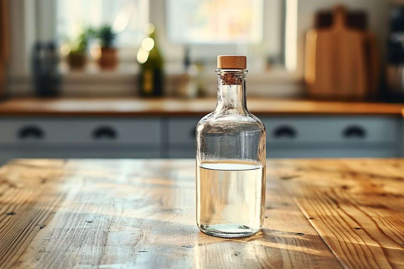 Bouteille de vinaigre blanc sur une table en bois