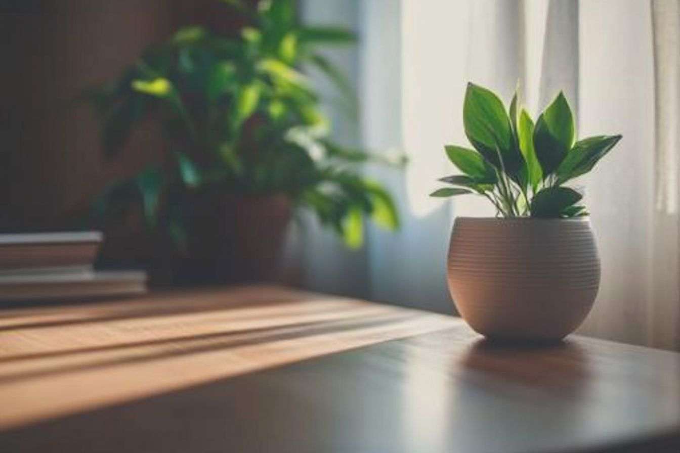 Bureau minimaliste avec plantes calmes