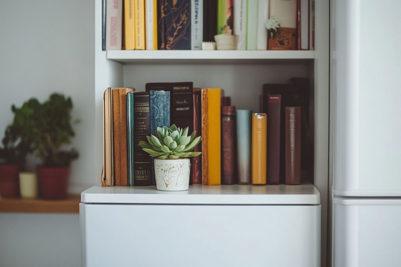 Dessus de réfrigérateur avec livres de cuisine et succulentes