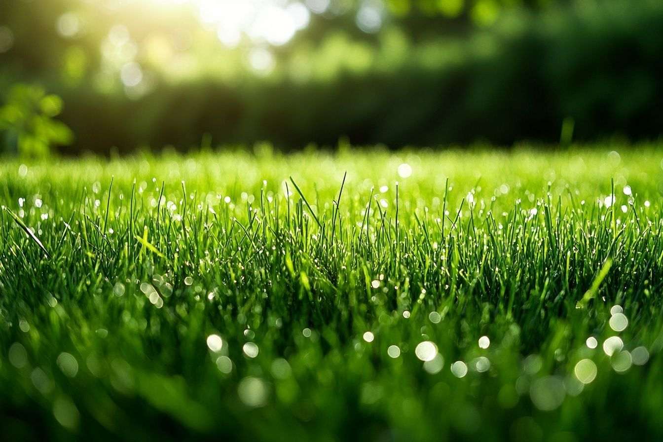 Gros plan de traitement granulaire sur herbe verte