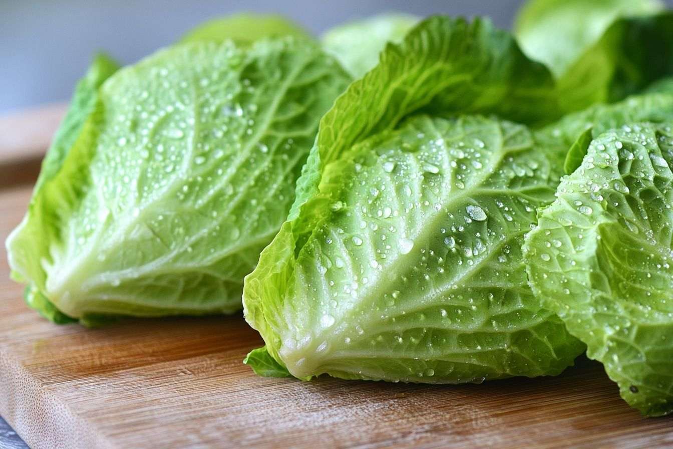 Gros plan de feuilles de chou vert fraîches avec gouttes d eau