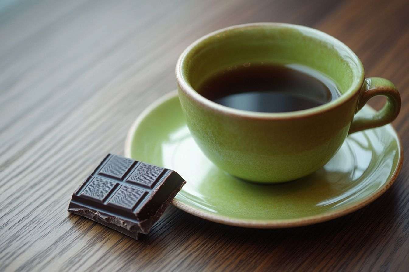 Gros plan d une tasse de thé vert délicat à côté d un carré de chocolat noir sur une table en bois