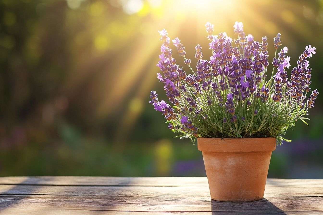 Lavande en pot sur une table de bois