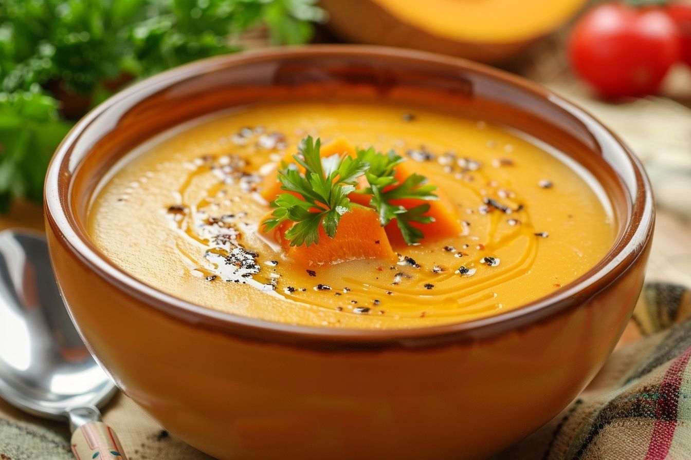 Bol de soupe chaude à la noix de coco, courge et carotte