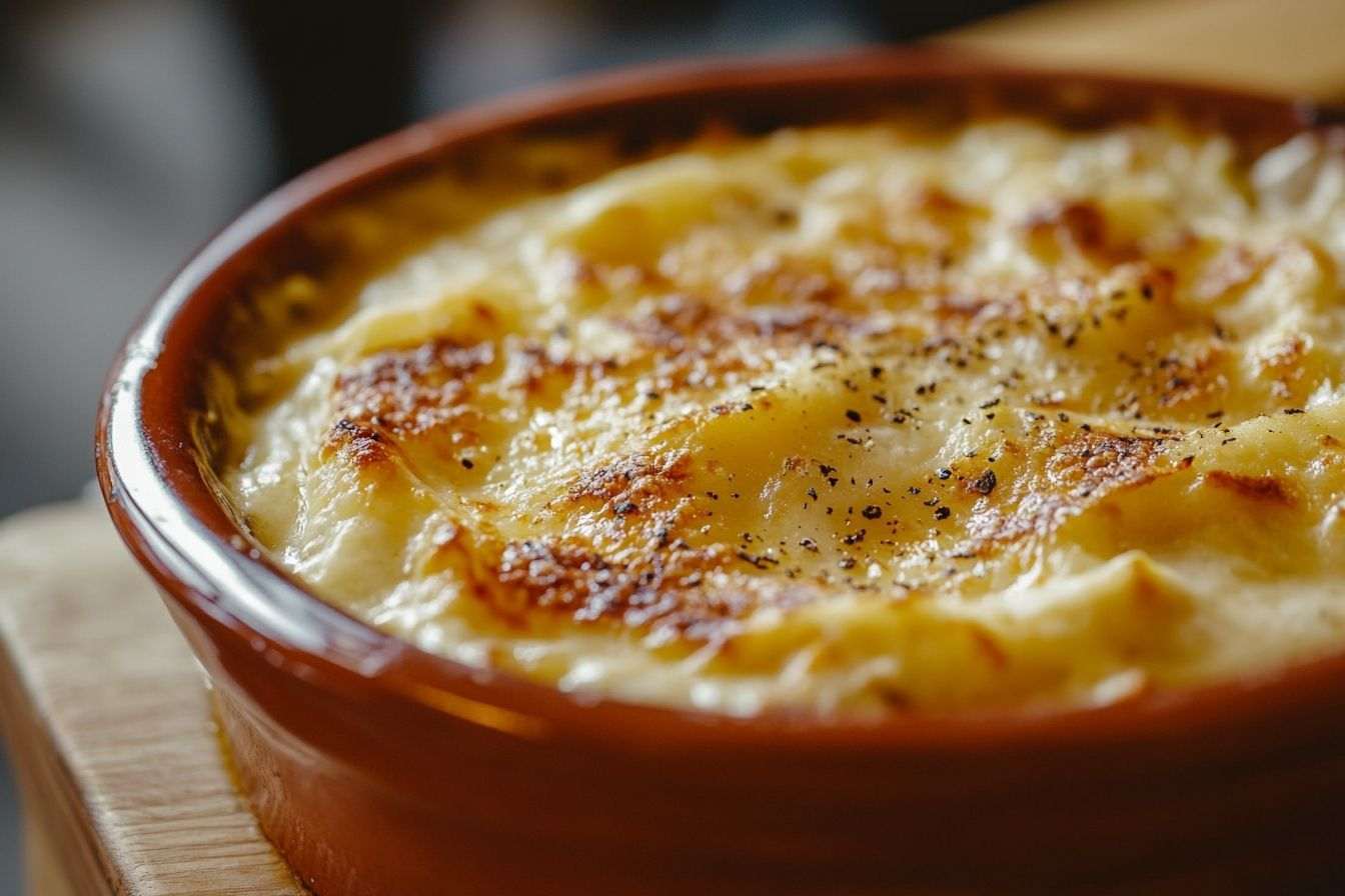 Gros plan de gratin dauphinois crémeux dans un plat rustique