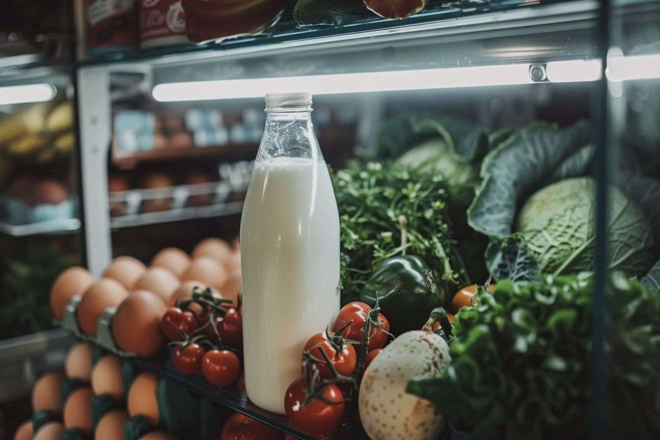 Gros plan d une bouteille de lait en verre dans le réfrigérateur