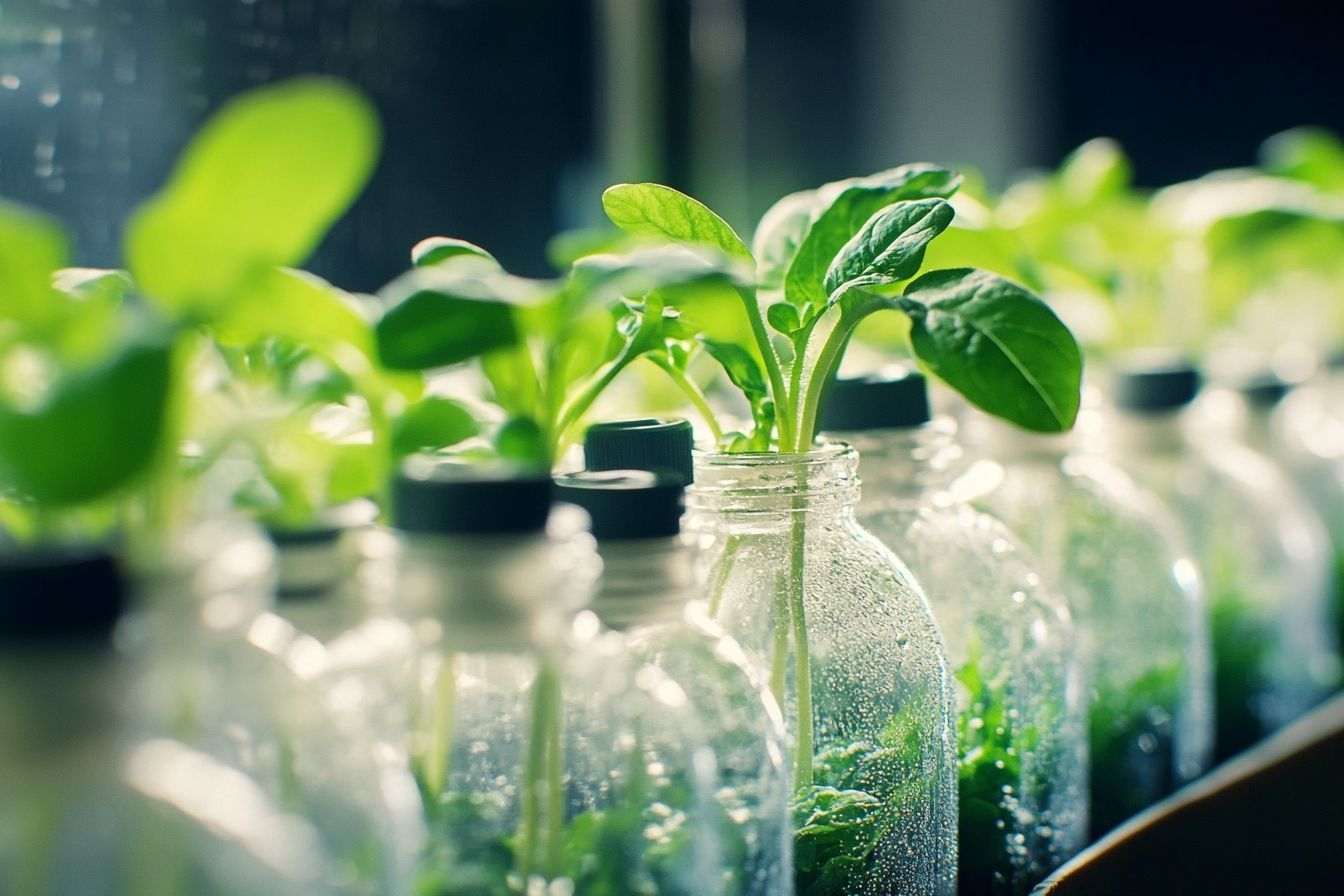 Gros plan d une installation hydroponique avec bouteilles en plastique