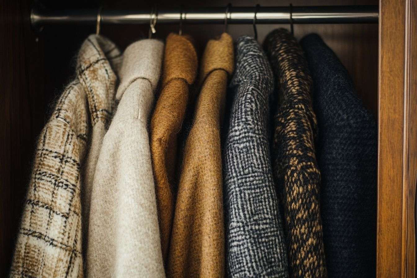 Manteaux d hiver élégants dans une armoire bien éclairée