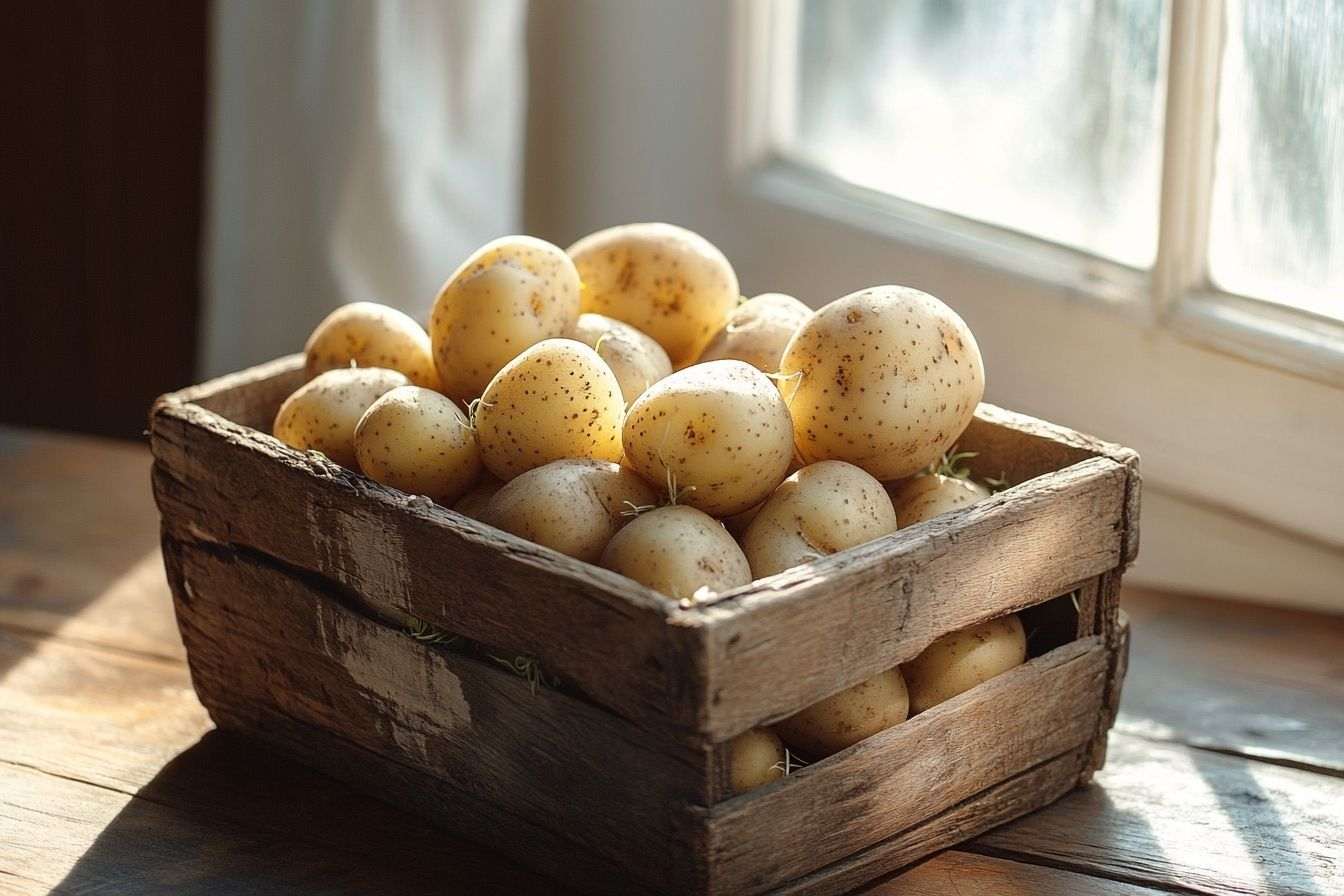 Panier rustique de pommes de terre germées sur table de cuisine ensoleillée