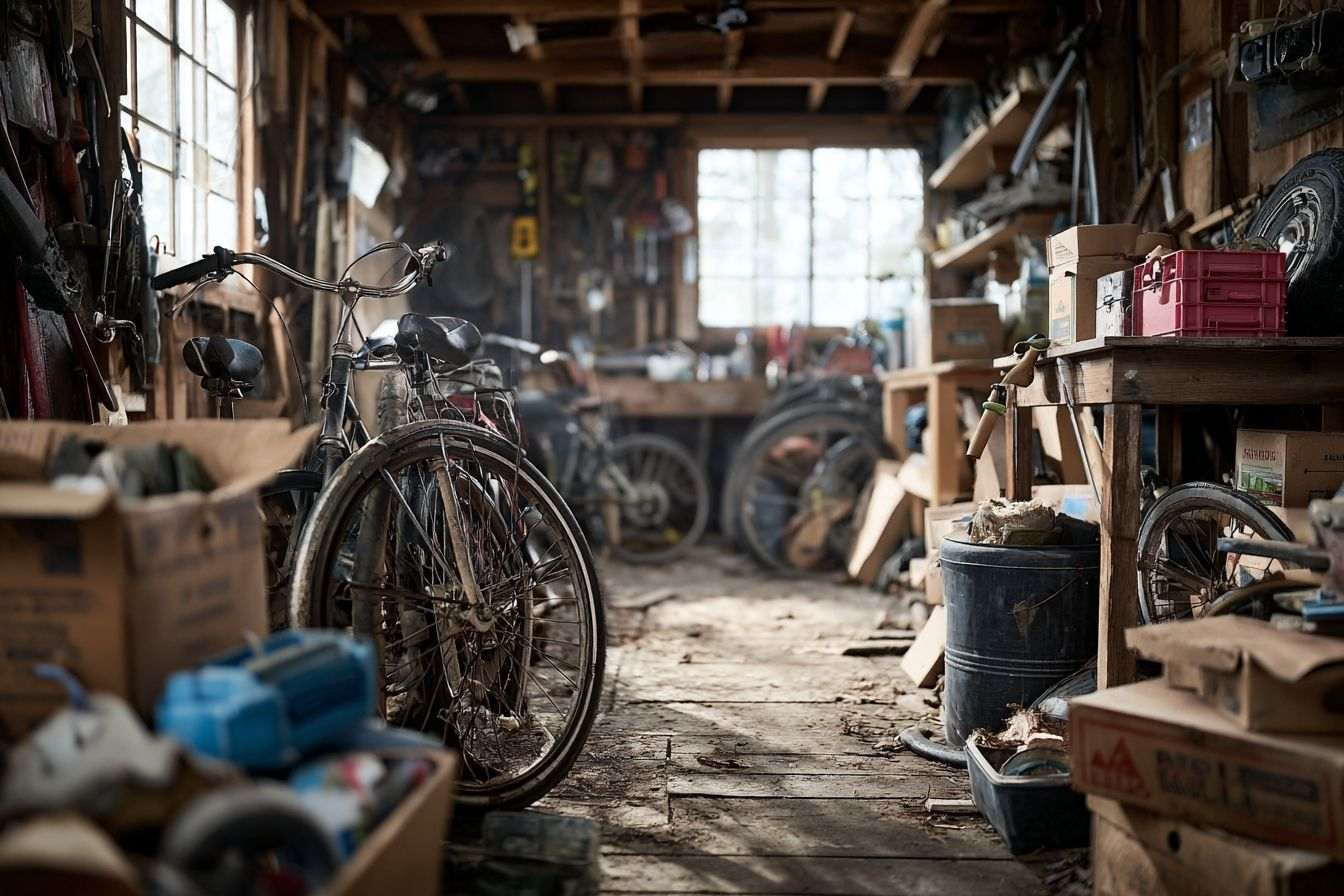 Garage encombré avec des outils, boîtes et vieux vélos