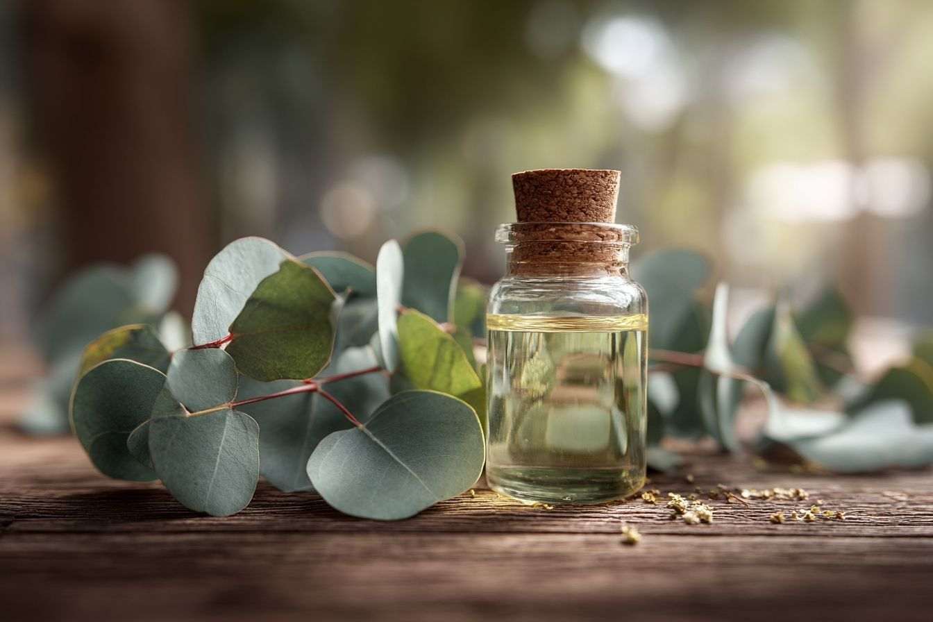 Grosse bouteille d huile d eucalyptus et feuilles fraîches