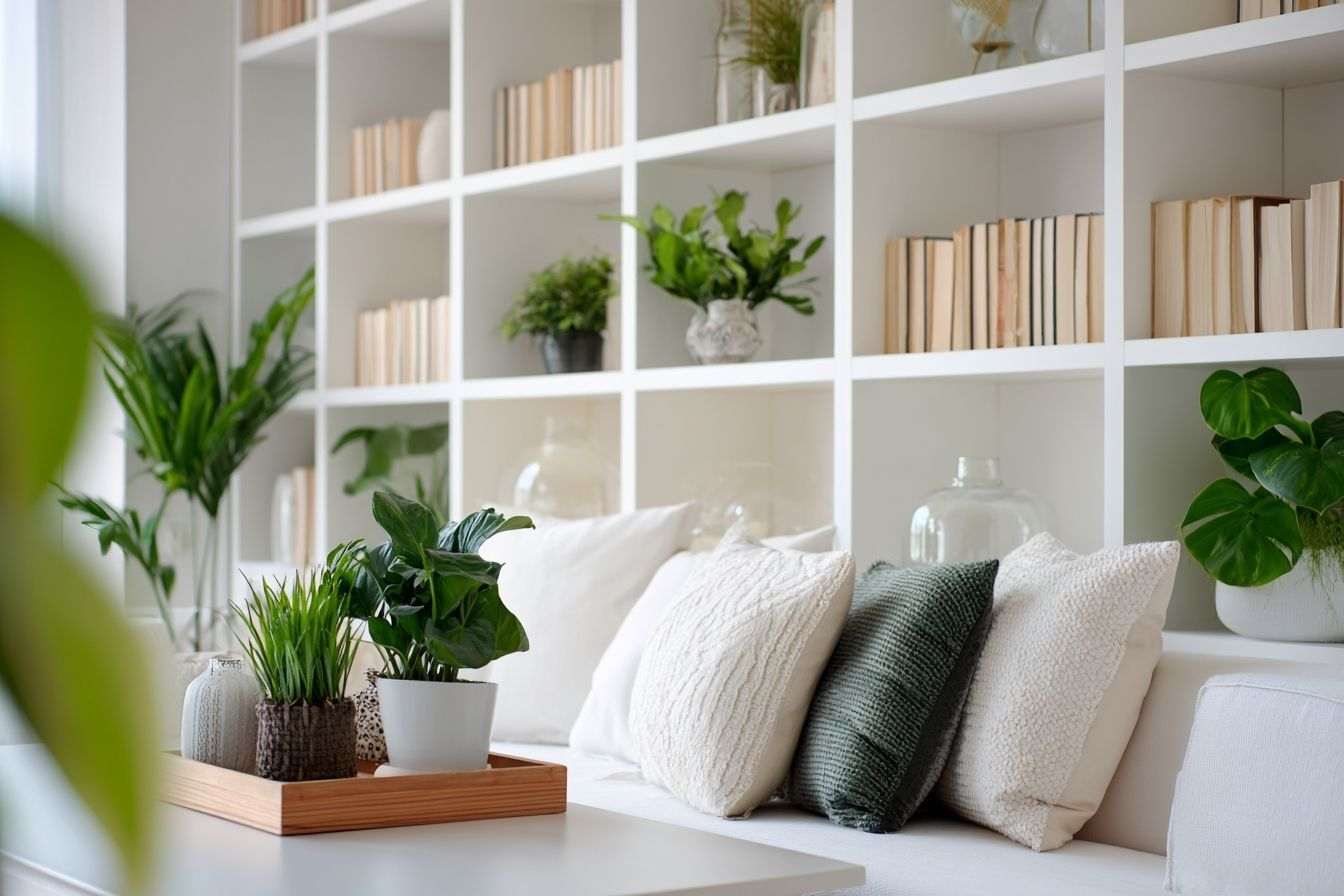 Salon minimaliste avec étagères organisées et plantes décoratives