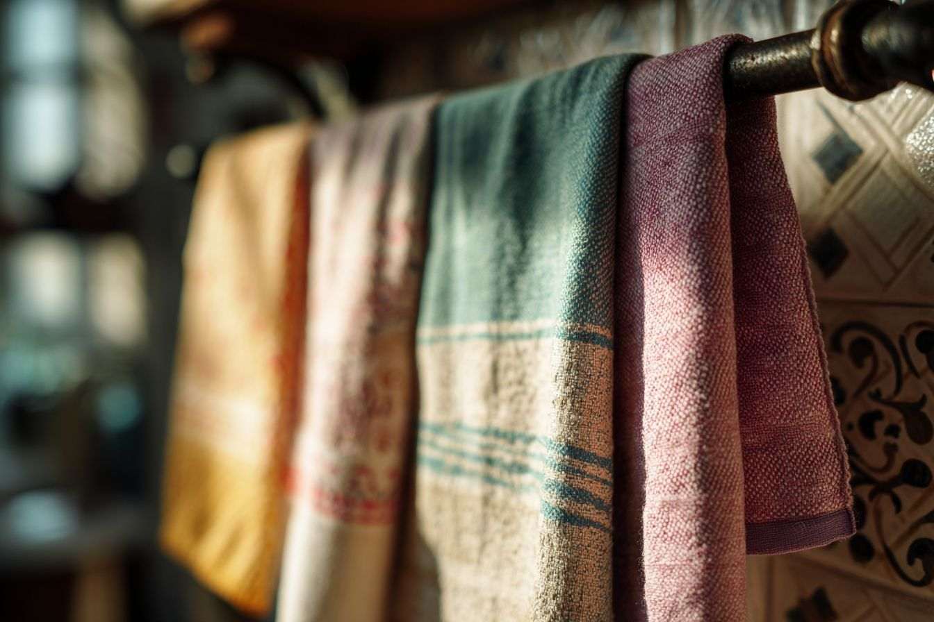 Serviettes colorées sur un porte serviette vintage