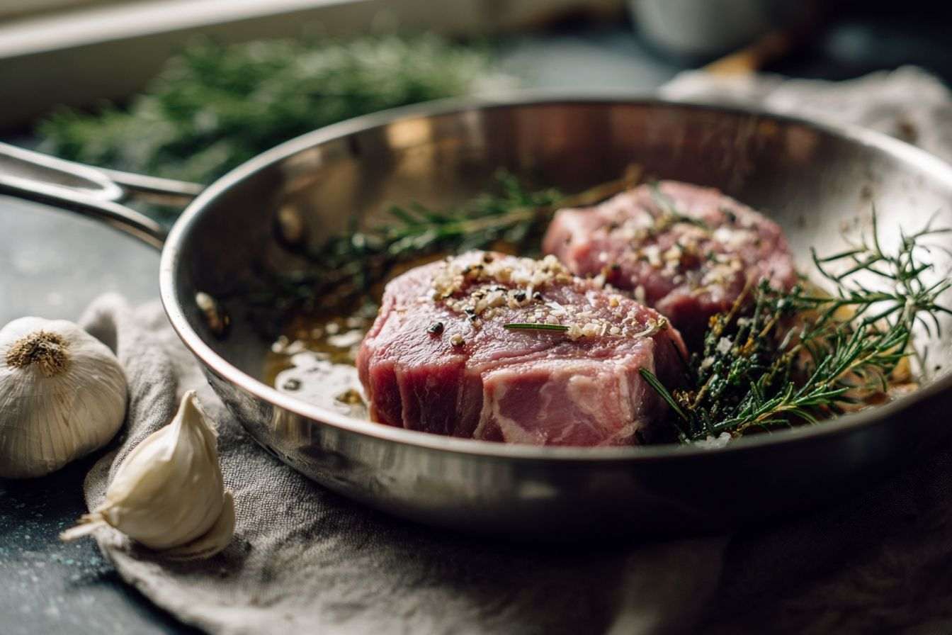 Viande dans une poêle en acier inoxydable