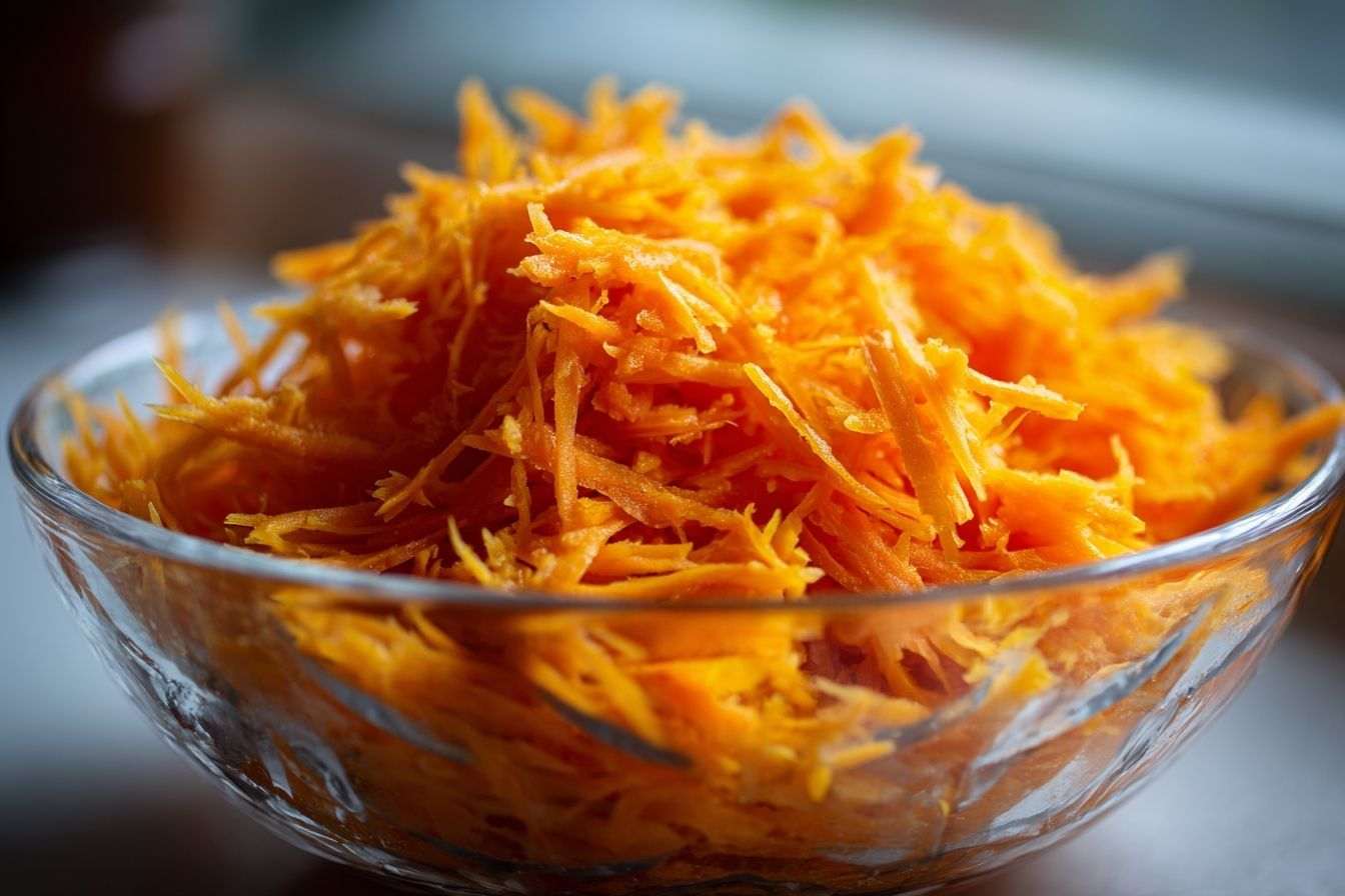 Gros plan de carottes râpées finement dans un bol vibrant