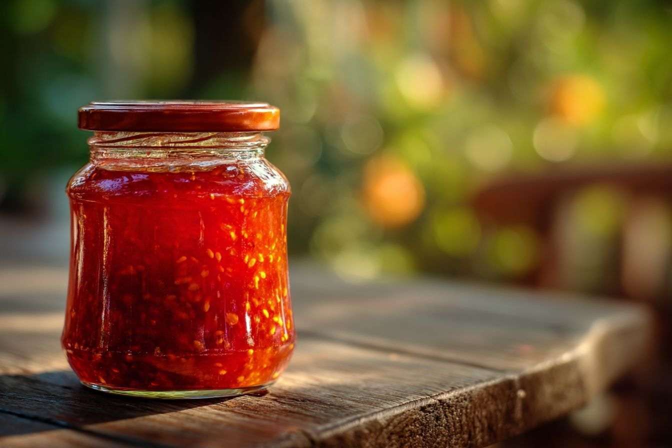 Gros plan d un bocal en verre rempli de conserves de fruits maison sur une table en bois rustique