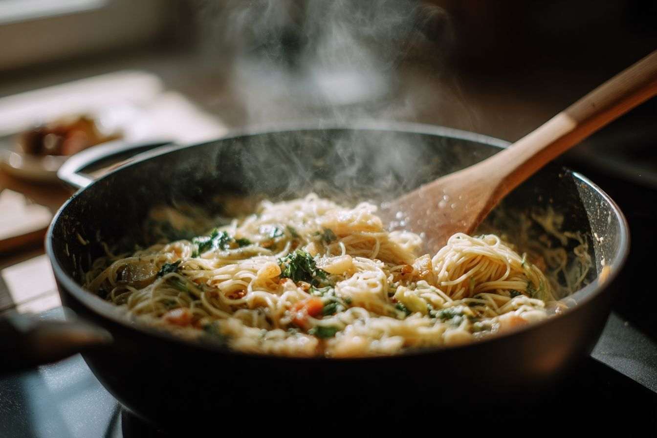 Pasta en casserole en train de mijoter