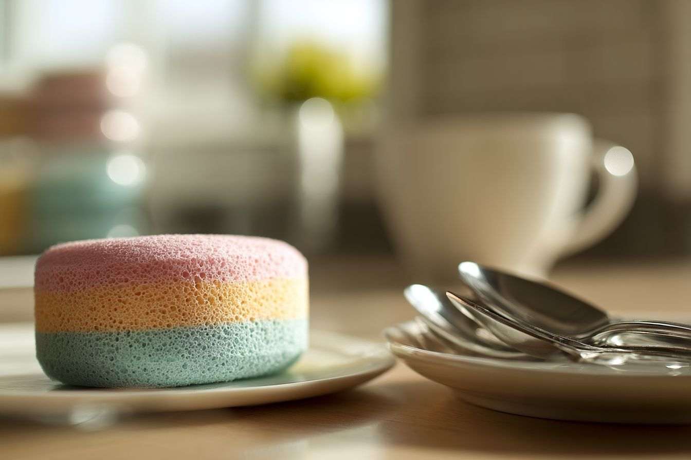 Gros plan d une éponge de vaisselle colorée sur un comptoir de cuisine
