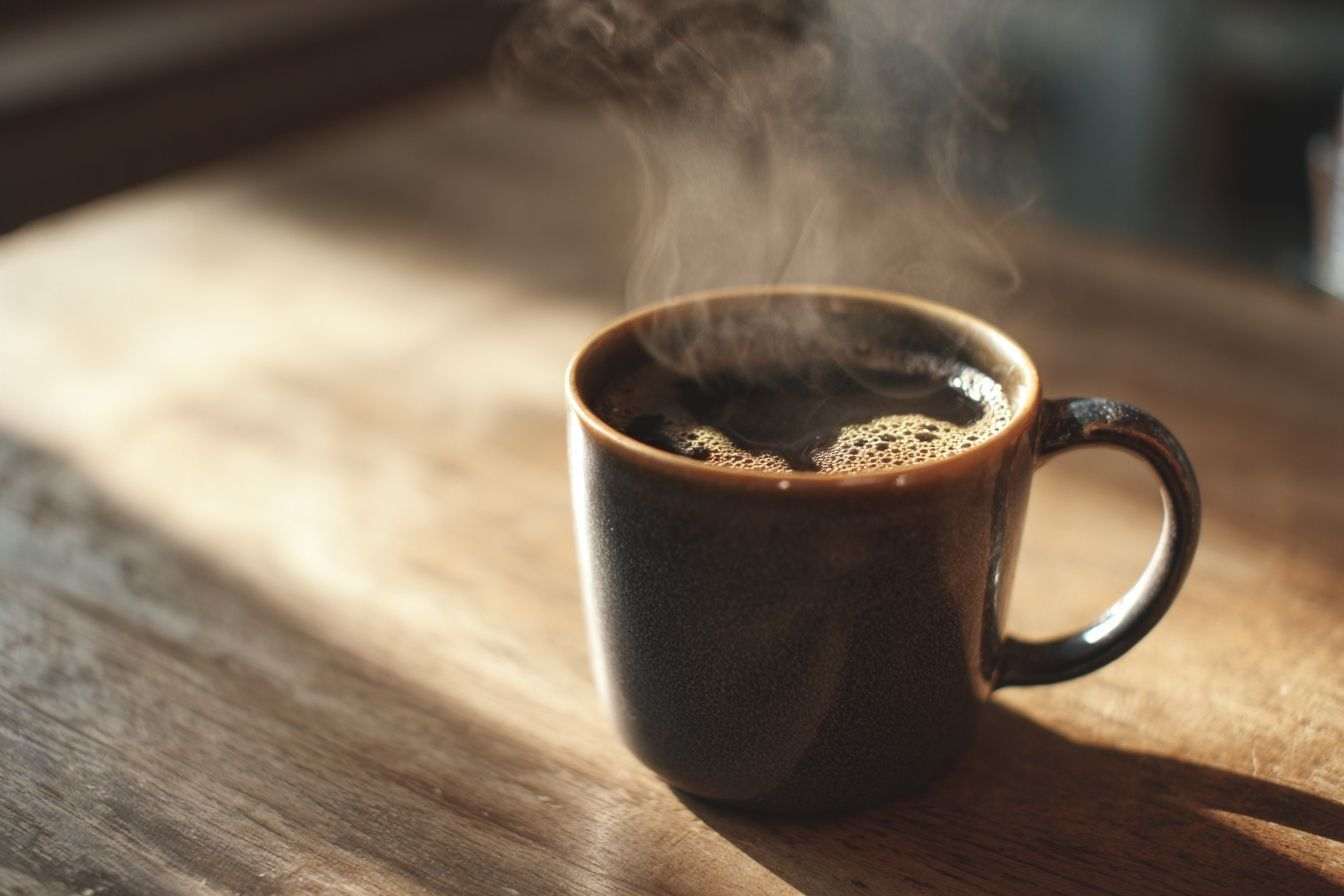 Tasse de café fumante sur une table en bois