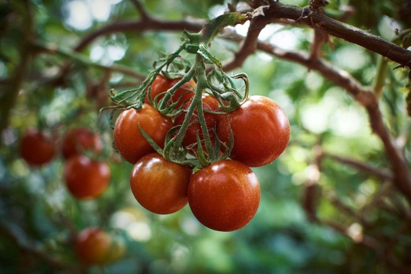 Grappes de tomates mûres dans le jardin
