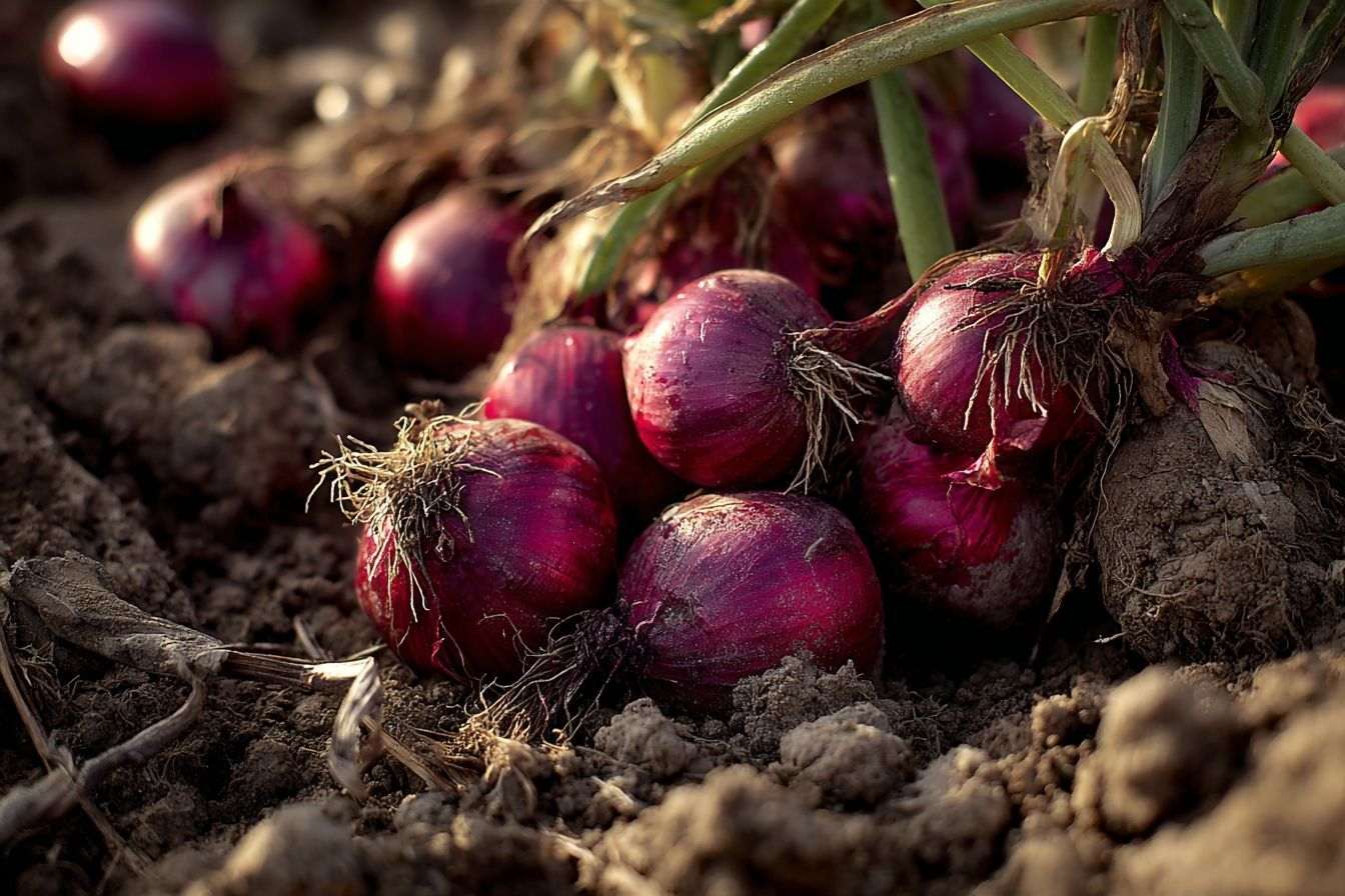 Gros plan sur oignons rouges fraîchement récoltés