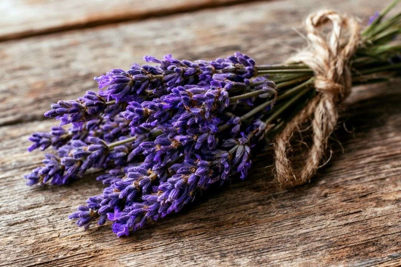 Brins de lavande fraîche liés avec de la ficelle