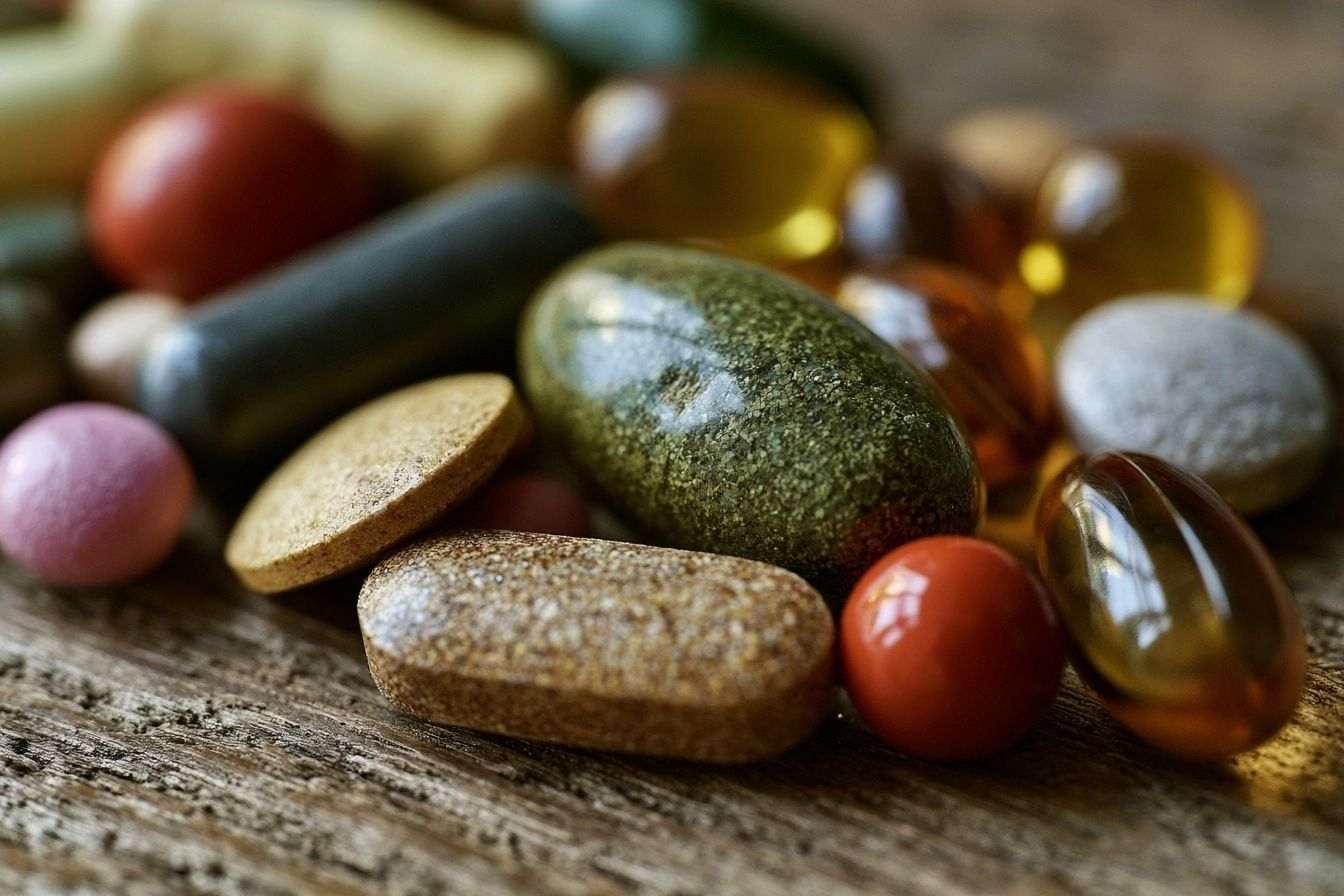 Gros plan de compléments alimentaires sur table en bois