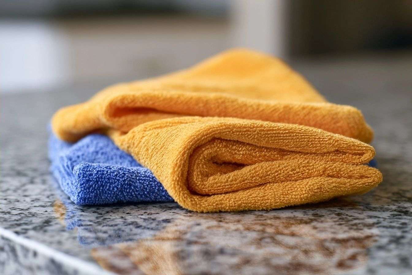 Gros plan d un chiffon de nettoyage en microfibre vibrant sur un comptoir de cuisine étincelant