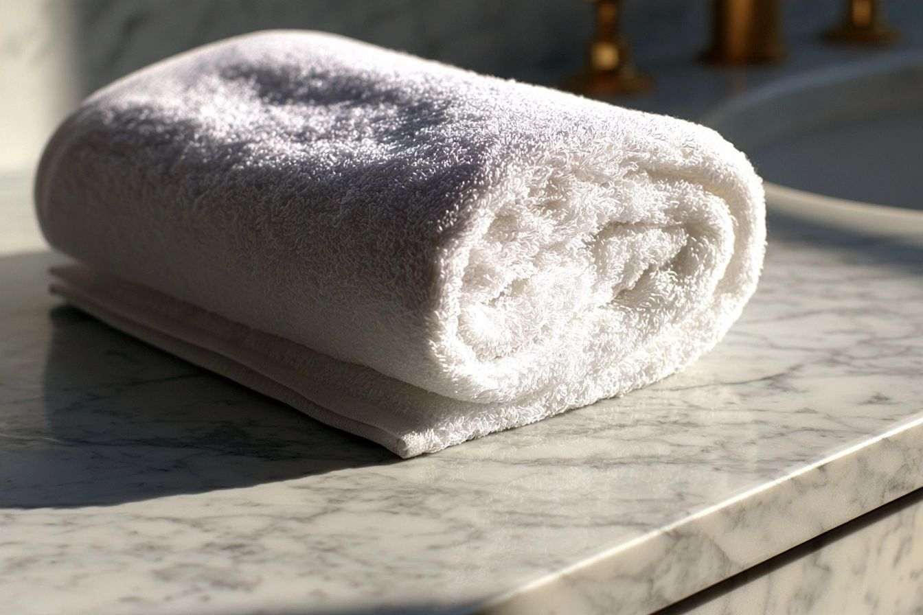 Hôtel serviette blanche de luxe sur comptoir en marbre