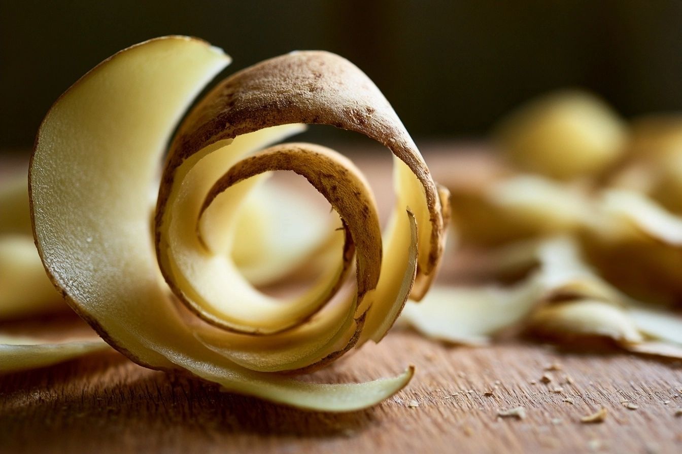 Peaux de pommes de terre en spirale sur planche