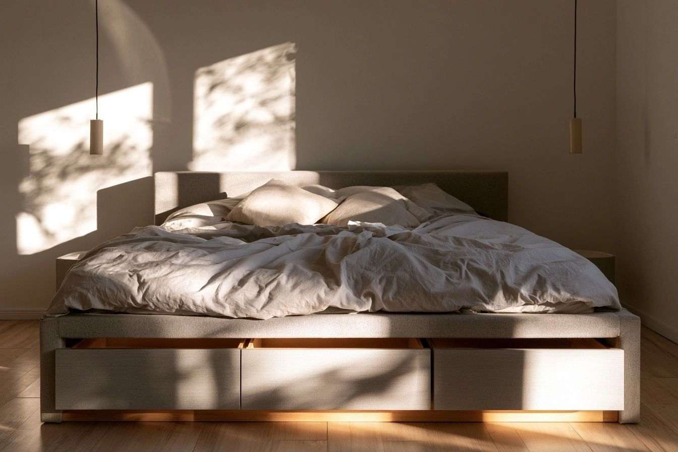 Design minimaliste avec lit à tiroirs intégrés