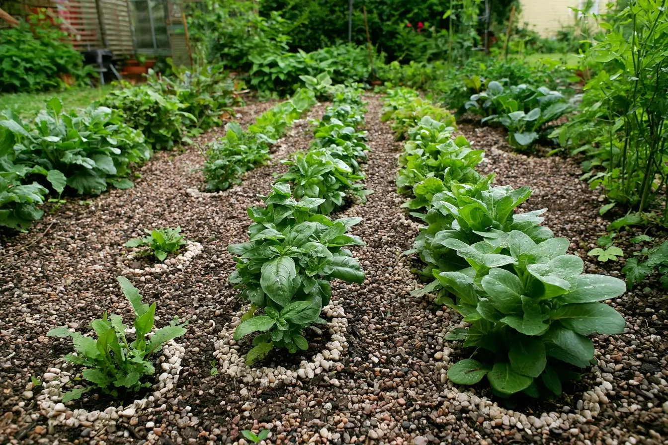 Potager avec barrières de gravier visibles