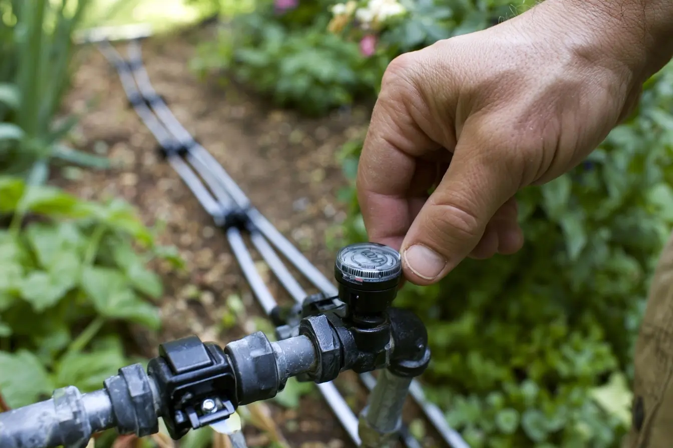 Programmateur et tuyaux d'arrosage au jardin