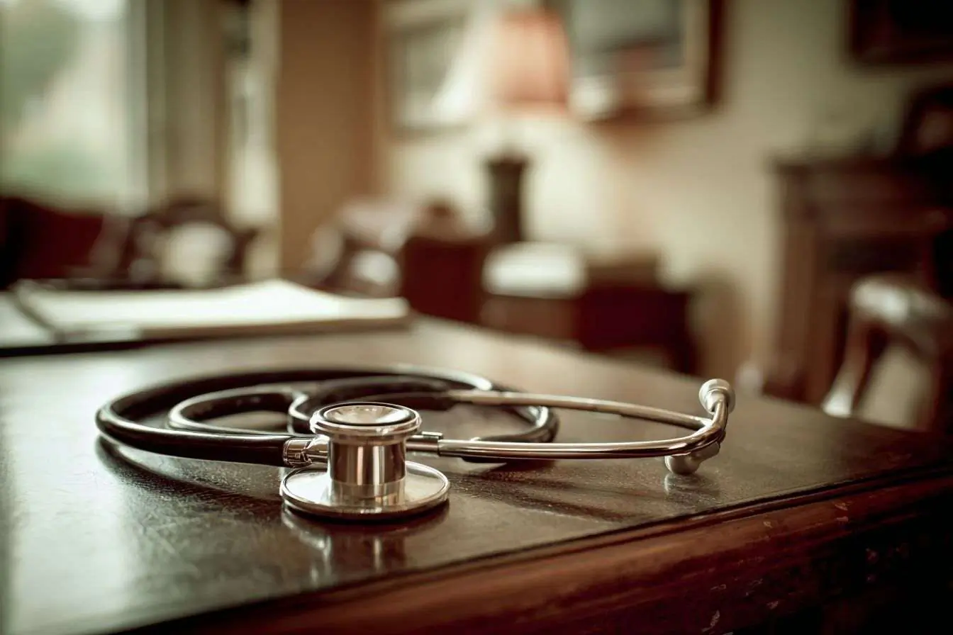 Stéthoscope sur un bureau vide, absence de médecins en protestation